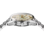 Silver-tone chronograph watch with cream dial, three subdials, tachymeter bezel, and stainless steel bracelet.