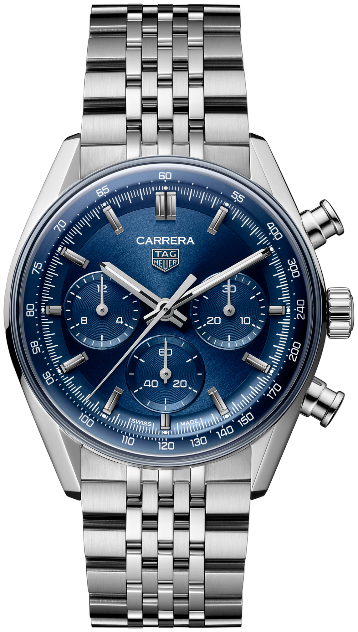 Silver stainless steel chronograph watch with blue dial, three subdials, and matching metal bracelet.