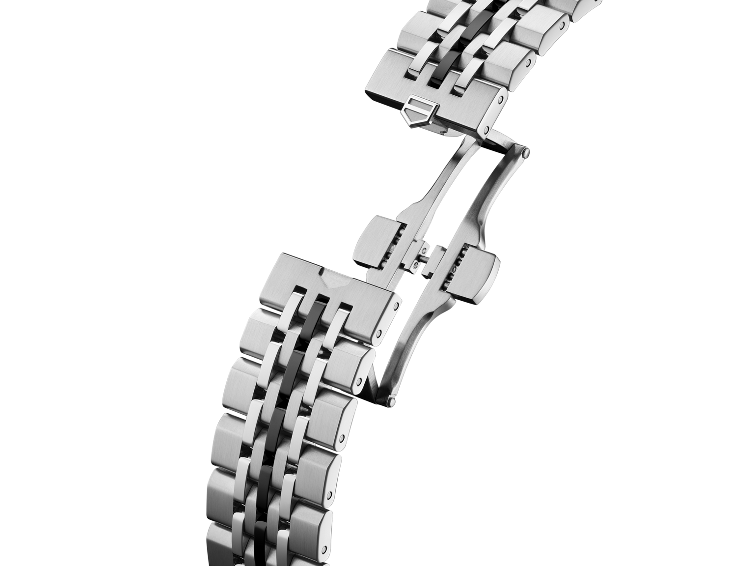 A close-up of the TAG Heuer Carrera Chronograph x Fragment Limited Edition stainless steel bracelet with folding clasp, partially open against a black background, highlights the watch’s modern elegance.