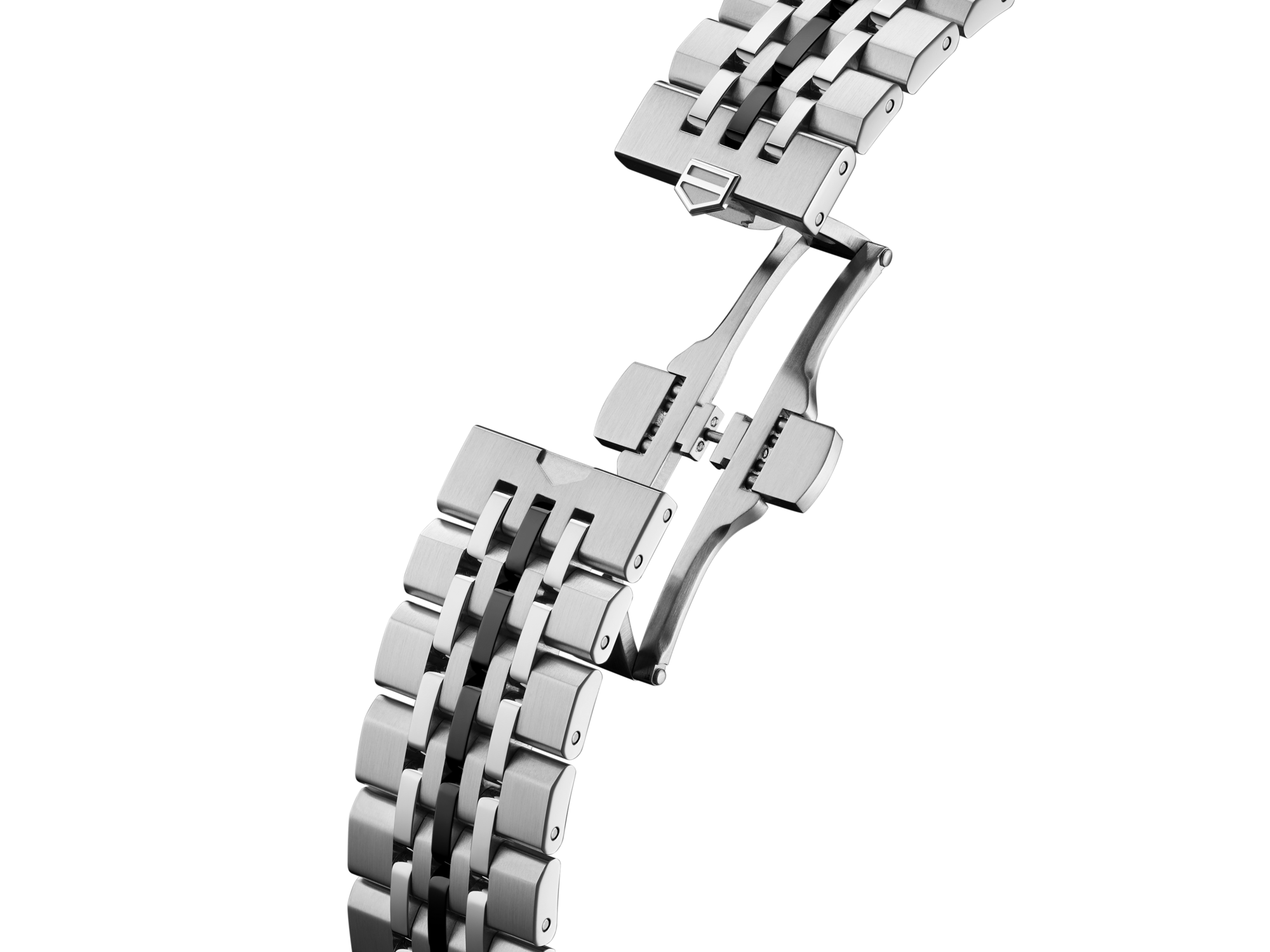 A close-up of the TAG Heuer Carrera Chronograph x Fragment Limited Edition stainless steel bracelet with folding clasp, partially open against a black background, highlights the watch’s modern elegance.