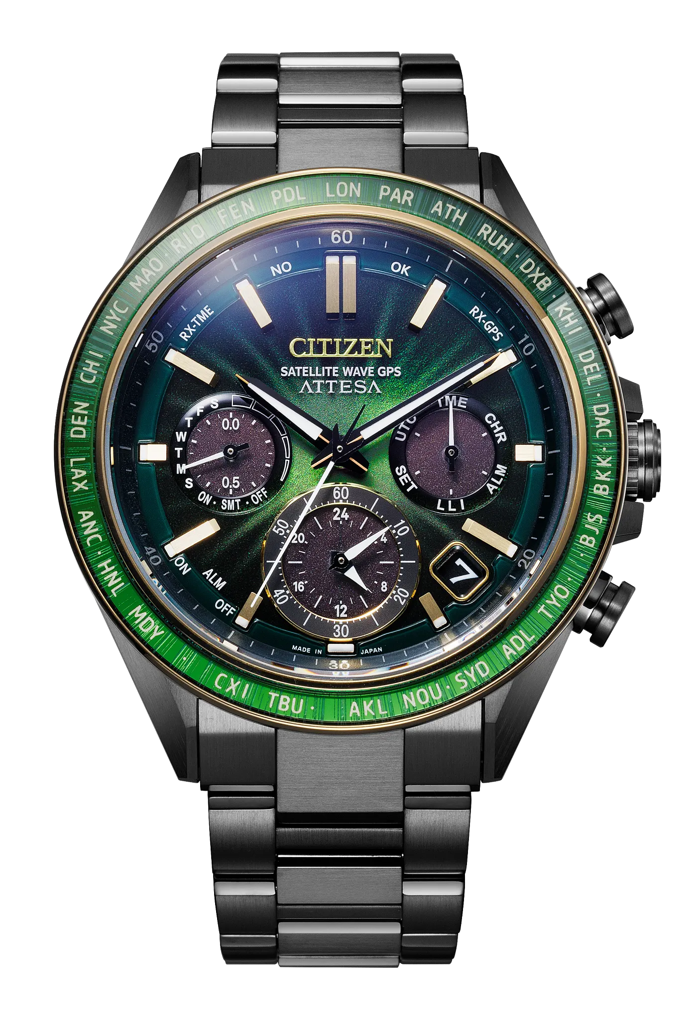 Citizen Attesa titanium chronograph watch with green bezel, blue-green dial, three subdials, and two-tone bracelet.
