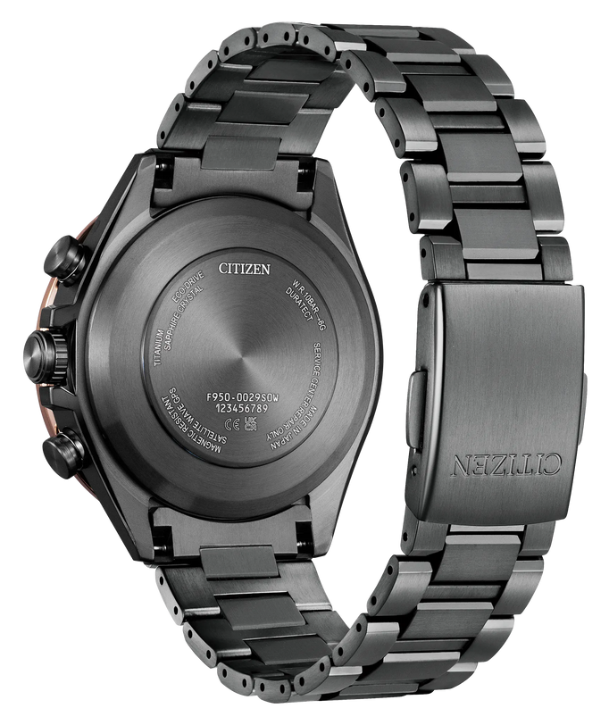 Citizen Attesa 44mm titanium watch with dark gray dial, chronograph subdials, and matching titanium bracelet shown from back 