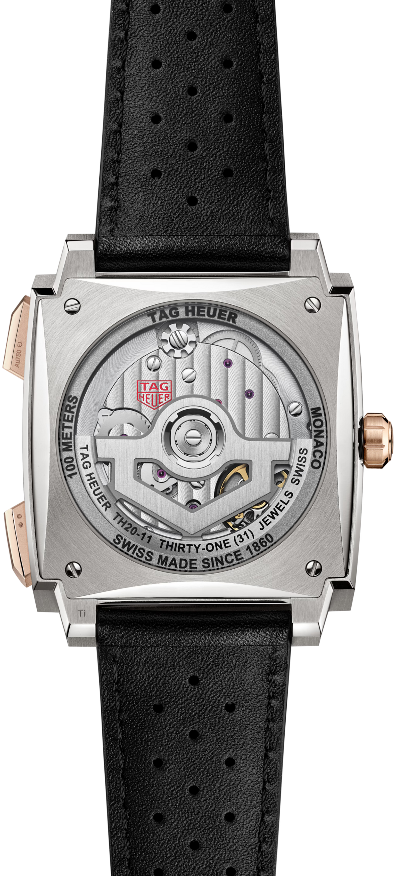 Tag Heuer Monaco chronograph with square steel case, visible movement on back, black perforated leather strap, and rose gold 