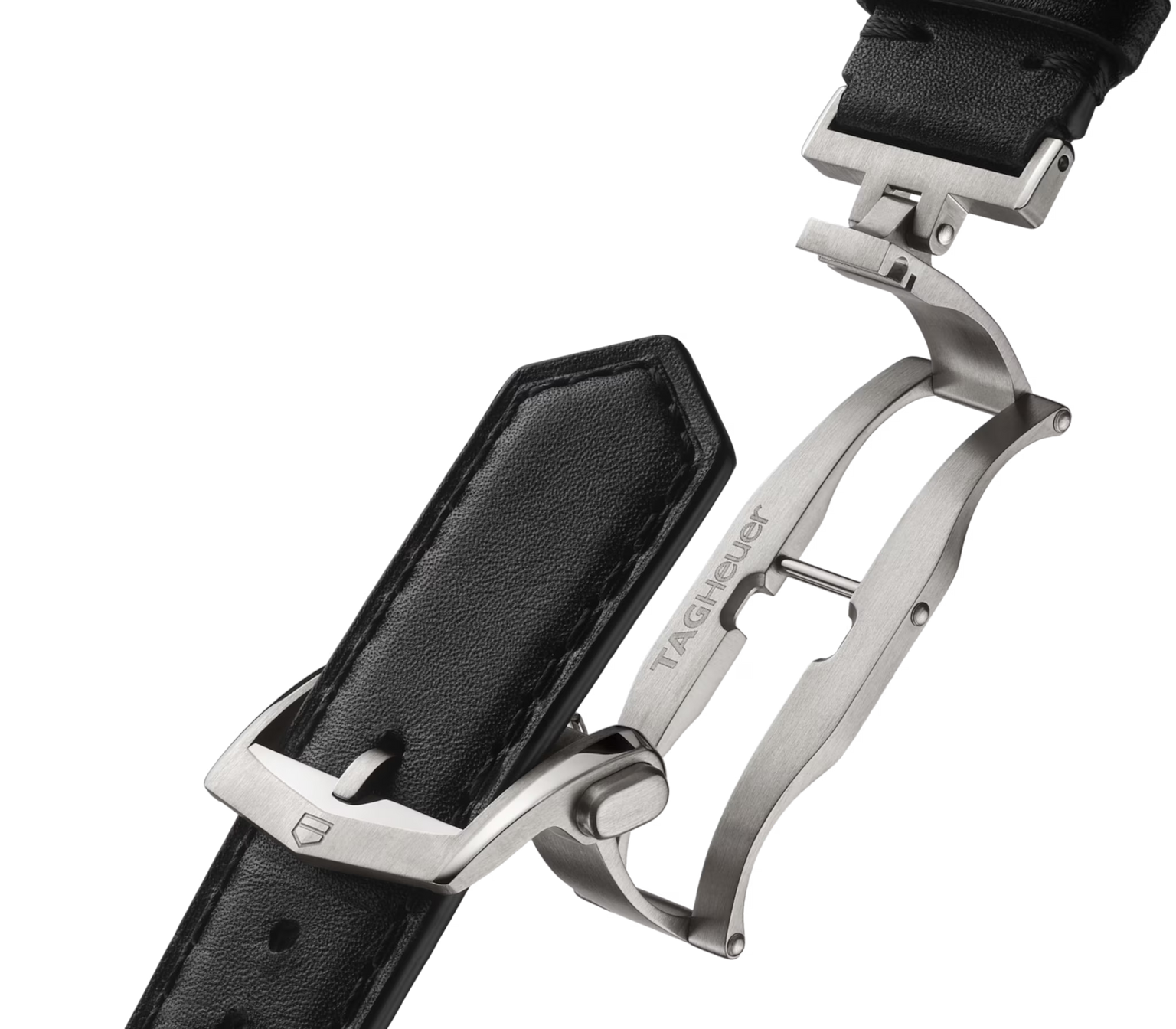 Silver-tone watch band clasp with black leather strap and deployment buckle mechanism.