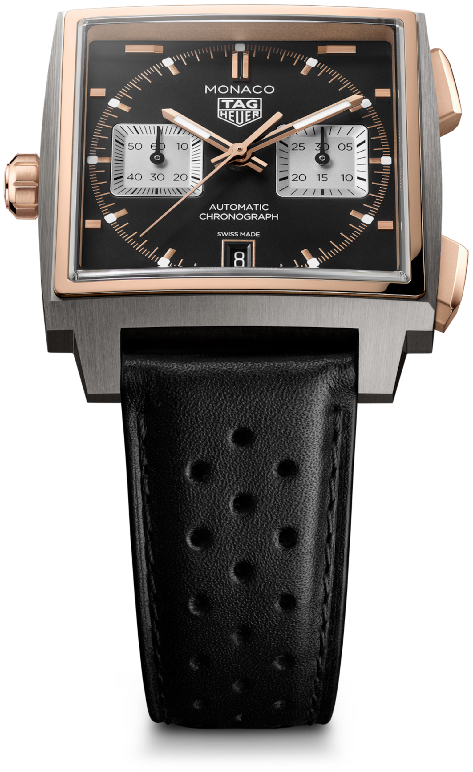 TAG Heuer Monaco automatic chronograph watch with two-tone steel and rose gold case, black dial, white subdials, and black pe