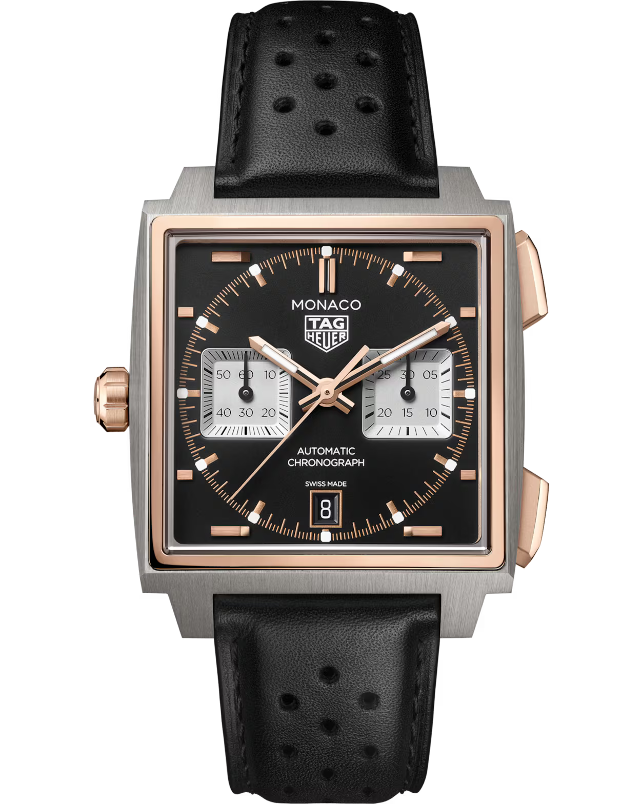 Square stainless steel and rose gold chronograph watch with black dial, white subdials, and black perforated leather strap.
