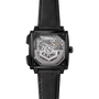 Square black watch with visible mechanical movement through crystal caseback and black leather strap.