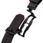 Black textured watch strap with red stitching and black buckle clasp shown open and closed.