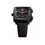 Black rectangular watch with chronograph subdials, red accents, and black woven strap with red stitching.
