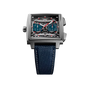 Rectangular stainless steel chronograph watch with black dial, red accents, dual subdials, and dark blue textile strap.
