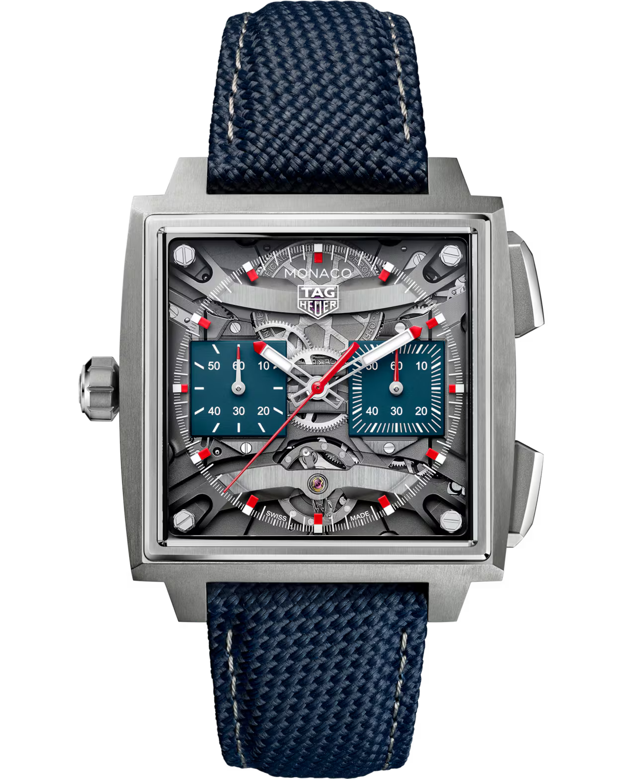 Square stainless steel chronograph watch with teal subdials, red hands, and visible movement, navy textile strap.