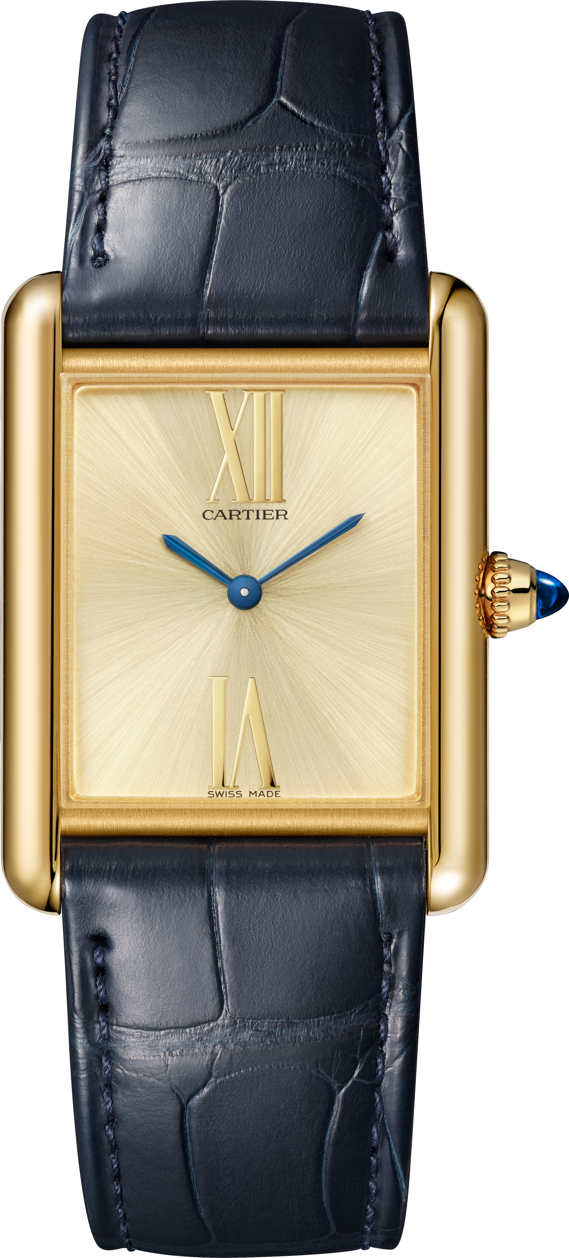 Cartier’s Tank Américaine watch features a square face, blue hands, and a dark blue leather strap.