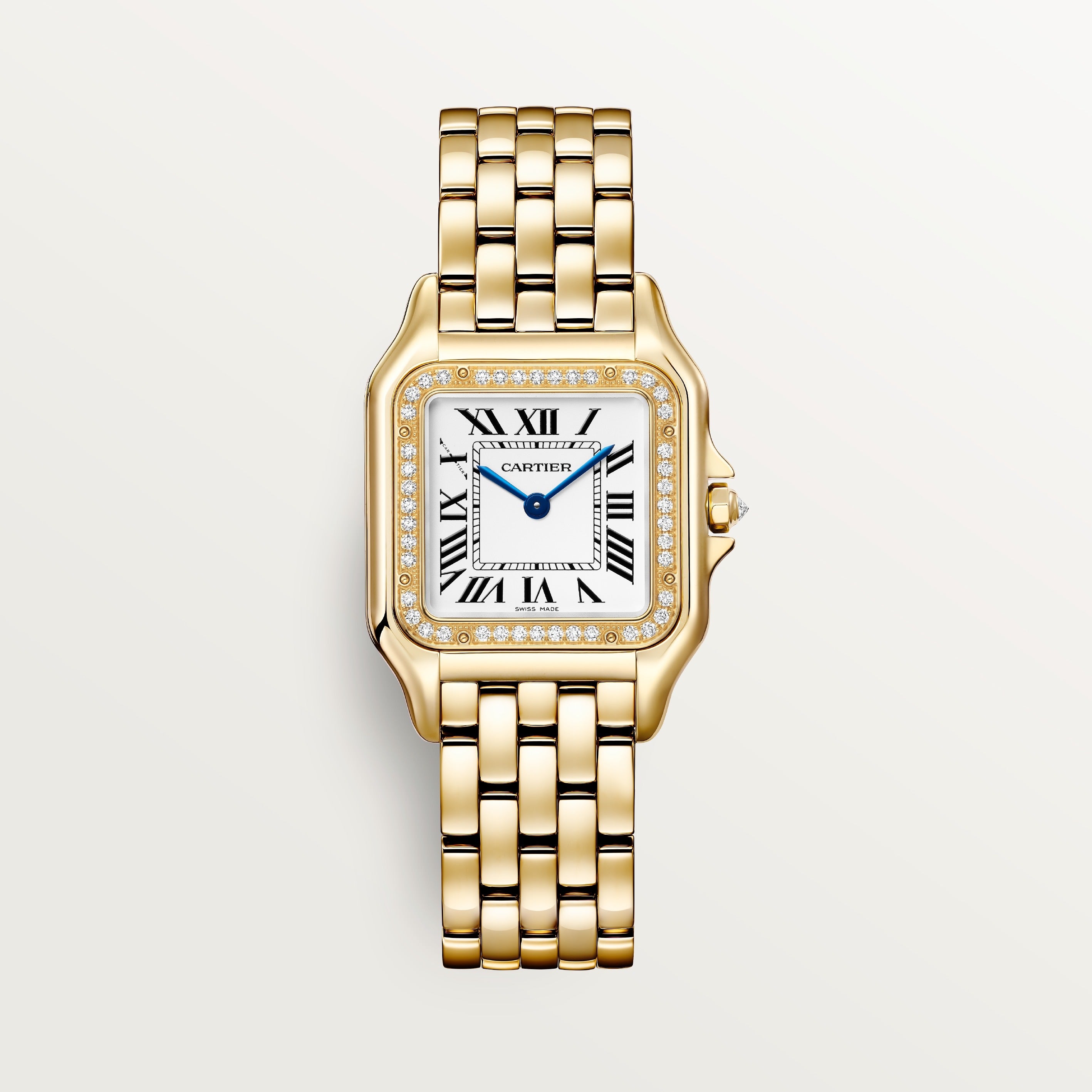 Yellow gold Cartier Panthère watch with diamond bezel, white dial, Roman numerals, and integrated bracelet.