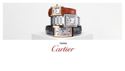 Three Cartier Tank watches stacked on a white pedestal with Tank Cartier text below.