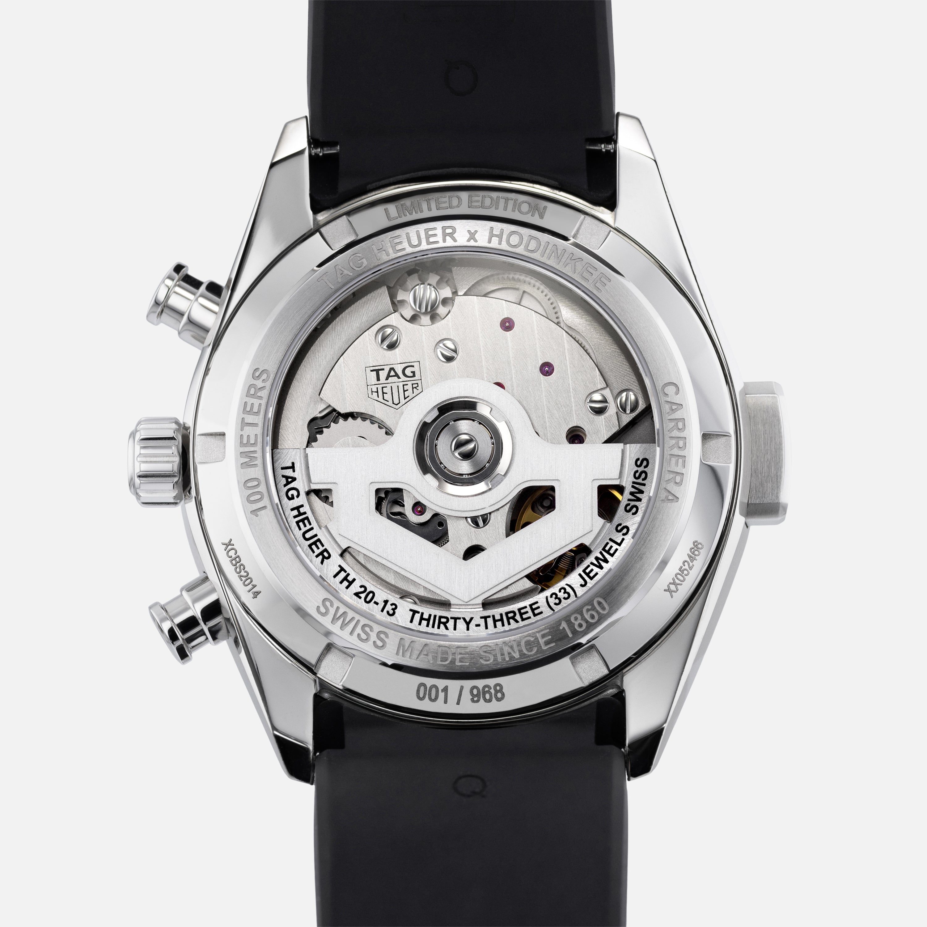 Close-up of the TAG Heuer Carrera Chronograph Seafarer × Hodinkees transparent case back, revealing the movement and special engravings.