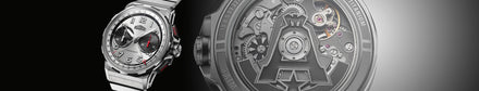 An Angelus Chronodate in Titanium, in the center of the image is a slightly faded image of a close up of the watch's gears and A logo