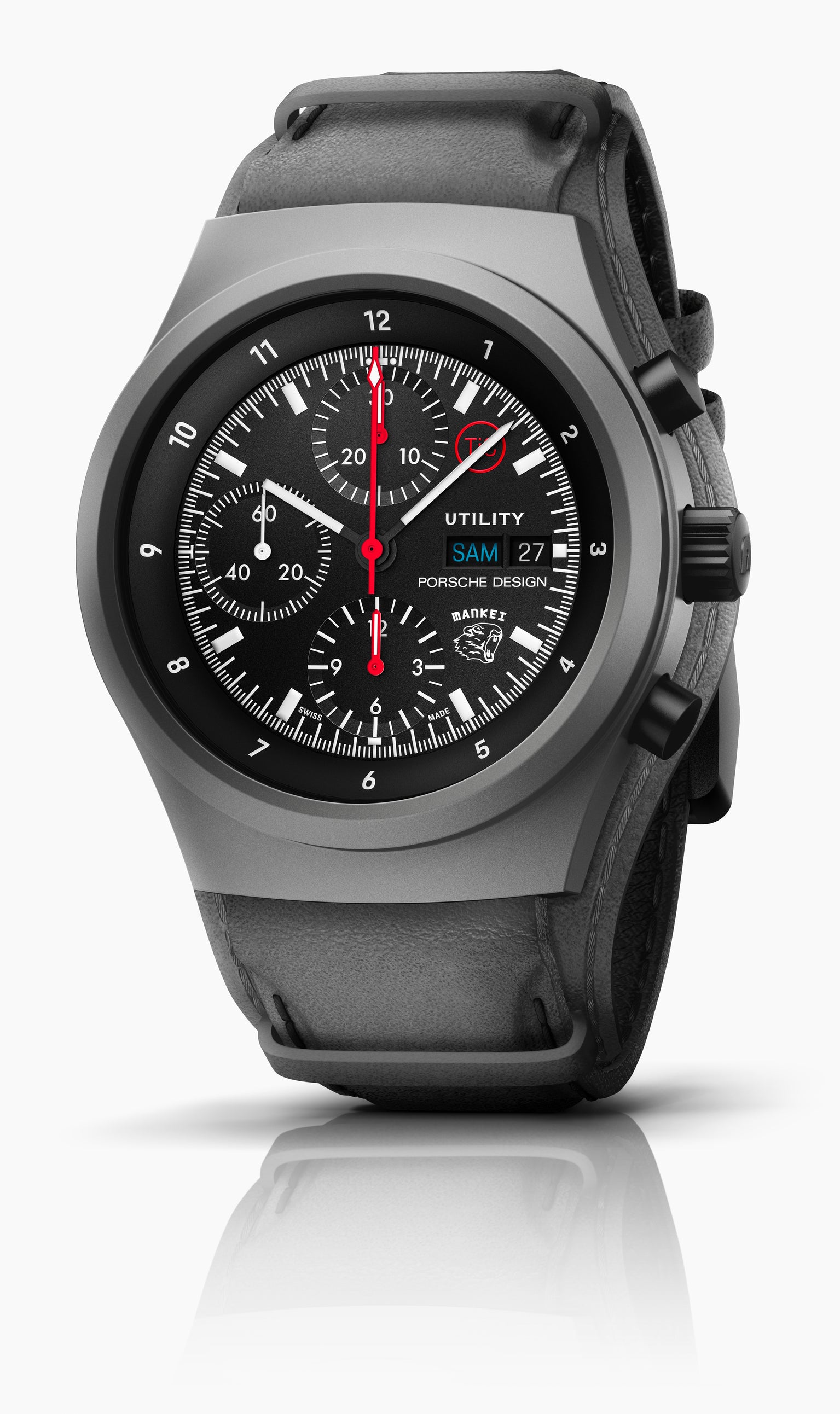 Porsche Design Chronograph 1 Utility Limited Edition watch features black leather, a dark dial with red accents, and displays time, date, and day.