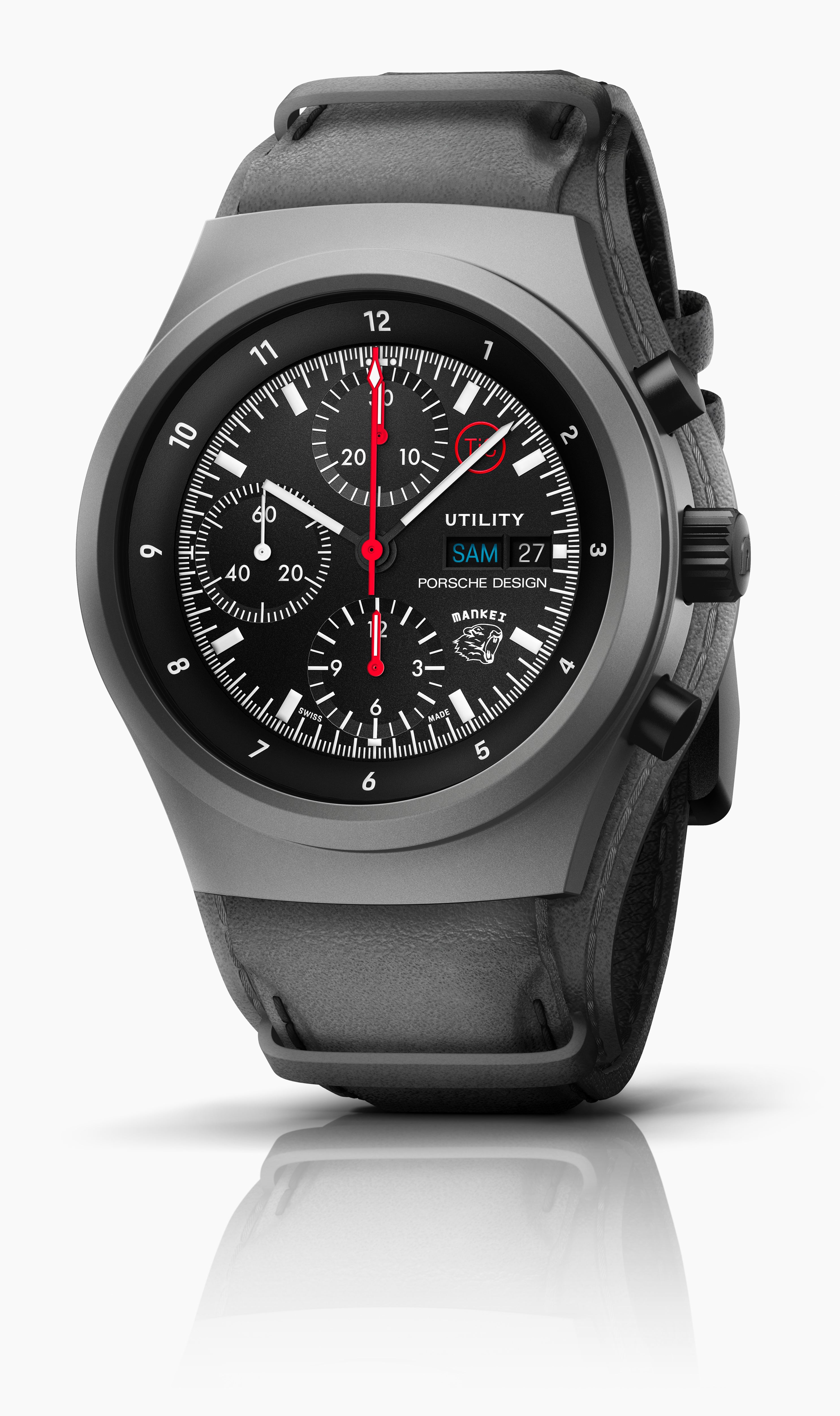 Porsche Design Chronograph 1 Utility Limited Edition watch features black leather, a dark dial with red accents, and displays time, date, and day.