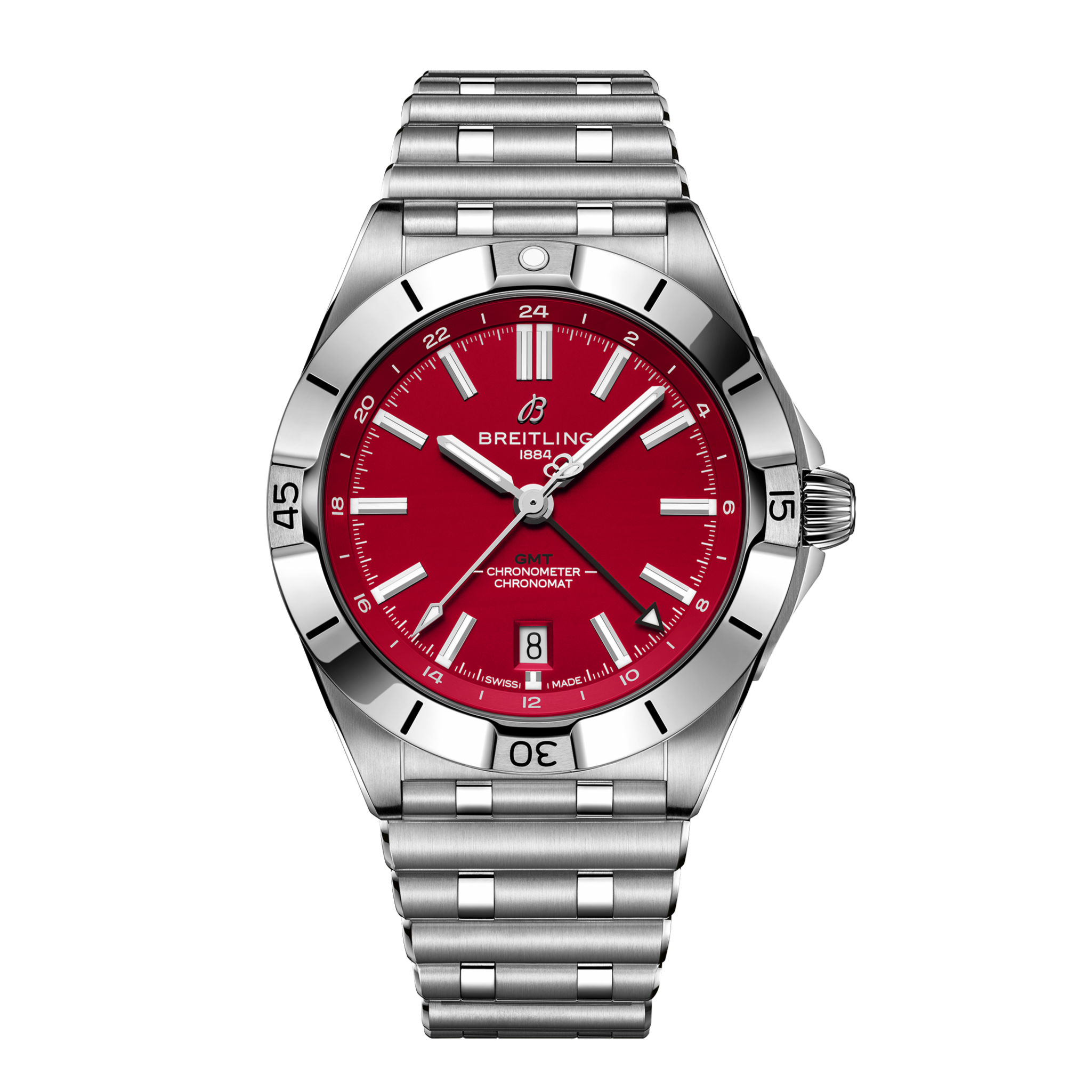 The Breitling Chronomat GMT 40 Tampa Bay Buccaneers Edition features a stainless steel case, silver metal bracelet, vibrant red dial inspired by the team’s colors, white hour markers, date at 6 o’clock, and engraved bezel numerals.