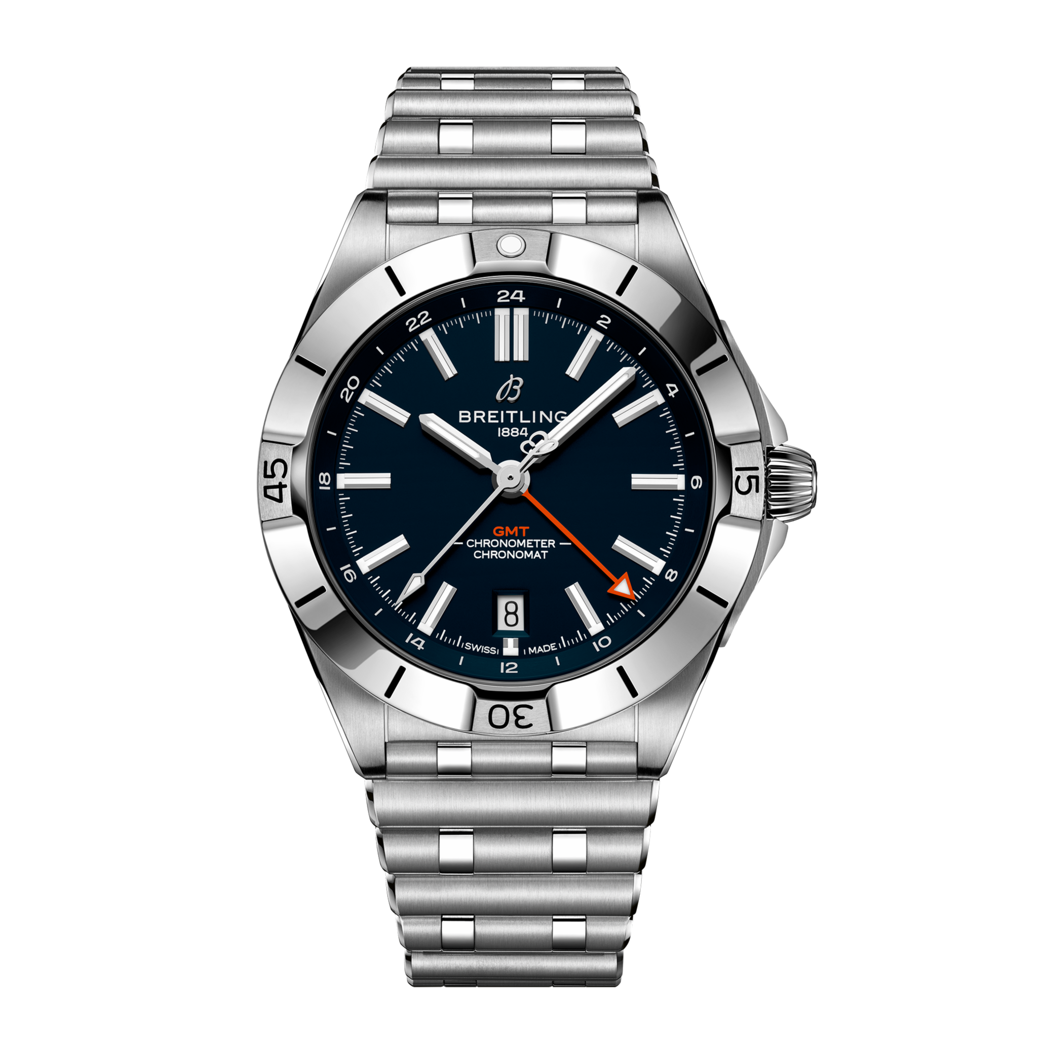 The Breitling Chronomat GMT 40 Chicago Bears Edition features a blue dial, silver hour markers, date window at 6 o’clock, silver metal bracelet, and an orange-tipped GMT hand.