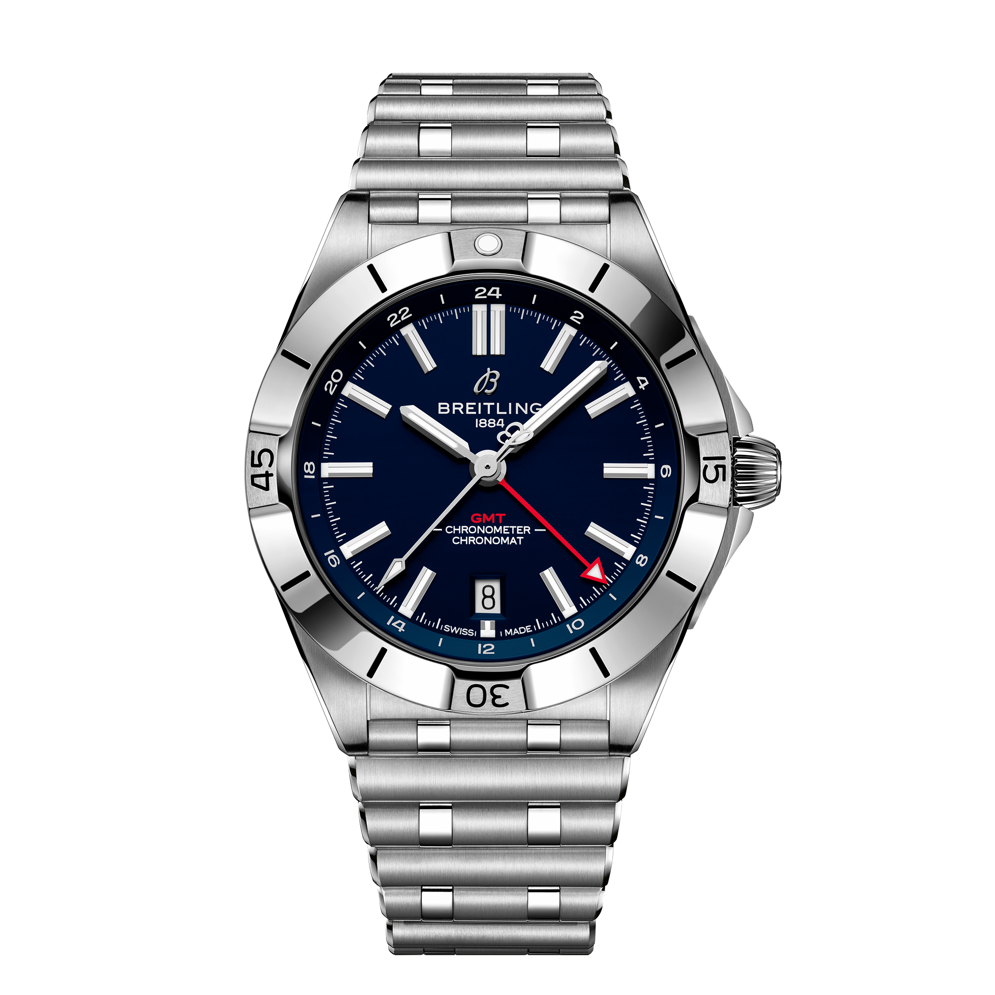 The Breitling Chronomat GMT 40 New England Patriots Edition features a stainless steel case, blue dial, silver hour markers, date at 6 o’clock, red-tipped GMT hand, and metal bracelet, shown on a white background.