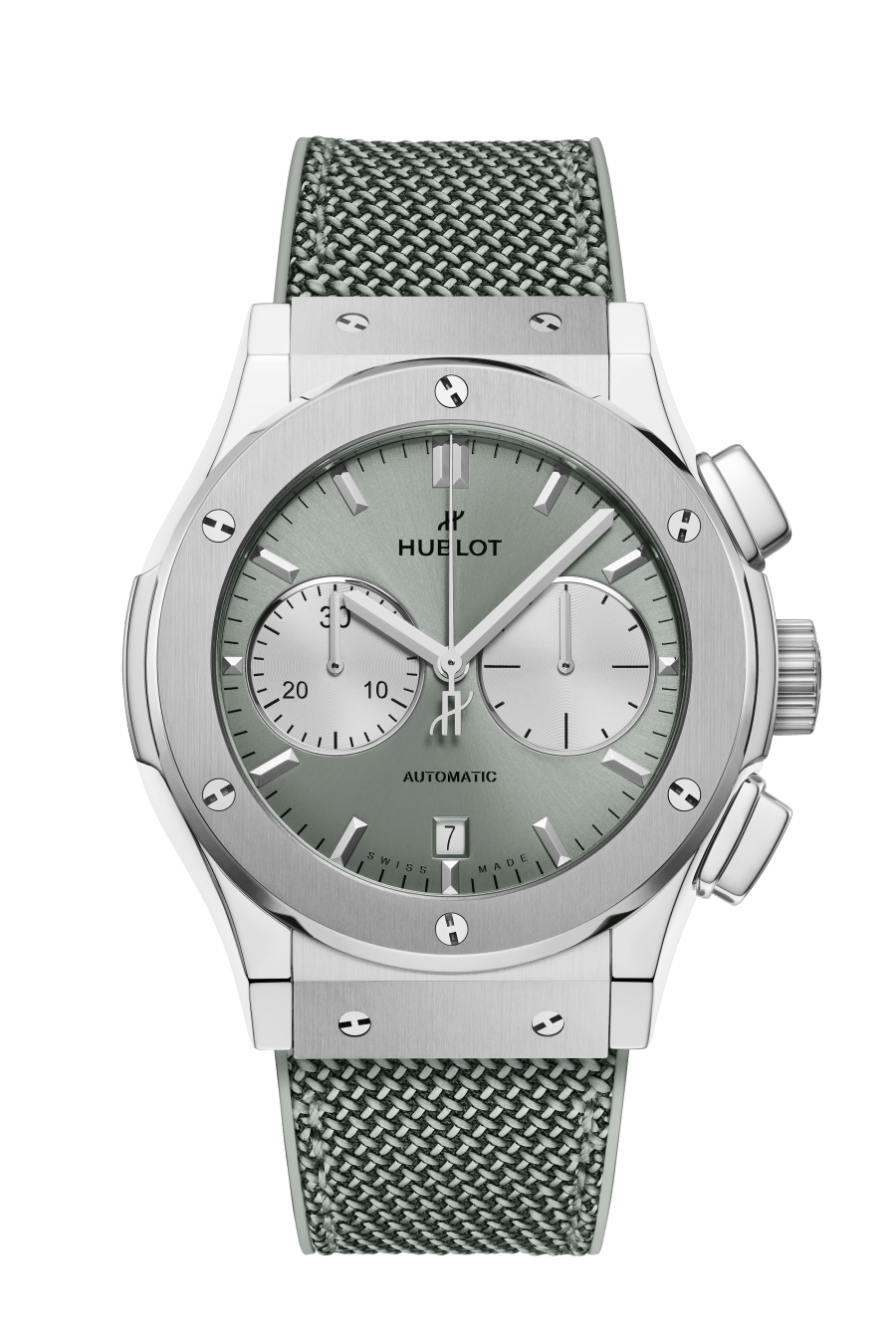 Titanium chronograph watch with sage green dial, subdials, and textured rubber strap.