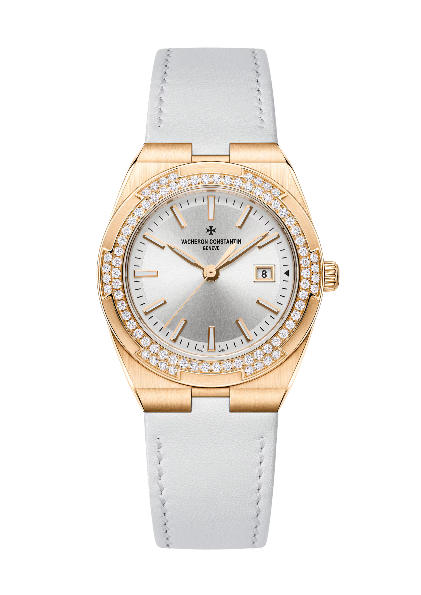 Rose gold watch with silver dial, diamond bezel, date window, and white leather strap.