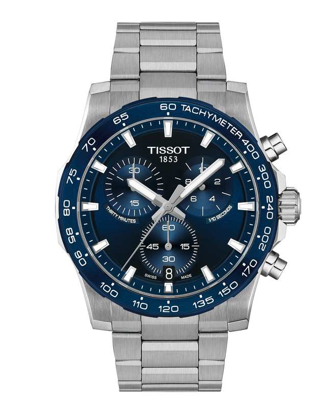 Stainless steel chronograph watch with blue dial, tachymeter bezel, and three subdials on stainless steel bracelet.