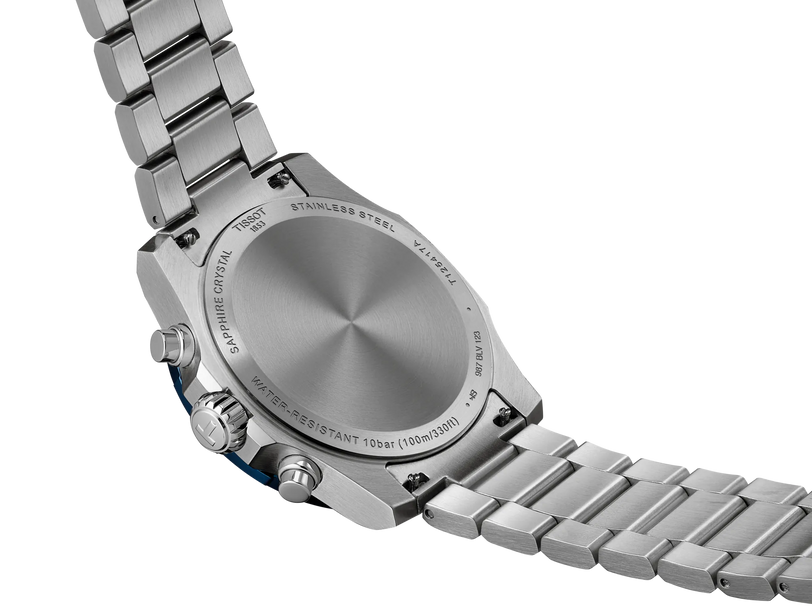 Stainless steel chronograph watch with 42mm case, blue dial, and metal link bracelet shown from back view.