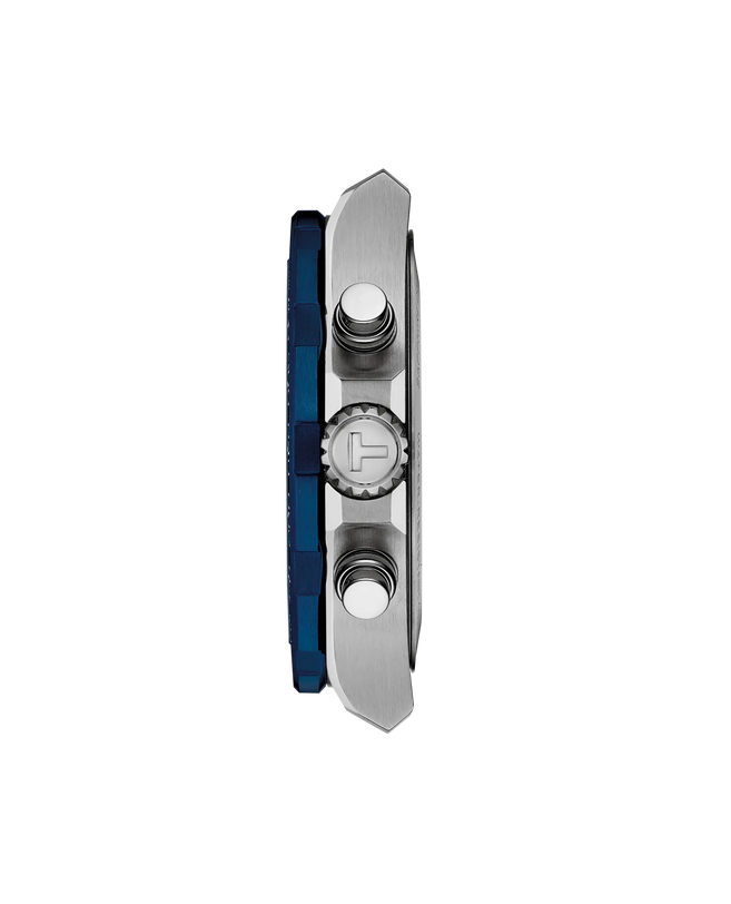 42mm stainless steel chronograph watch with blue fabric strap, shown from side profile view.