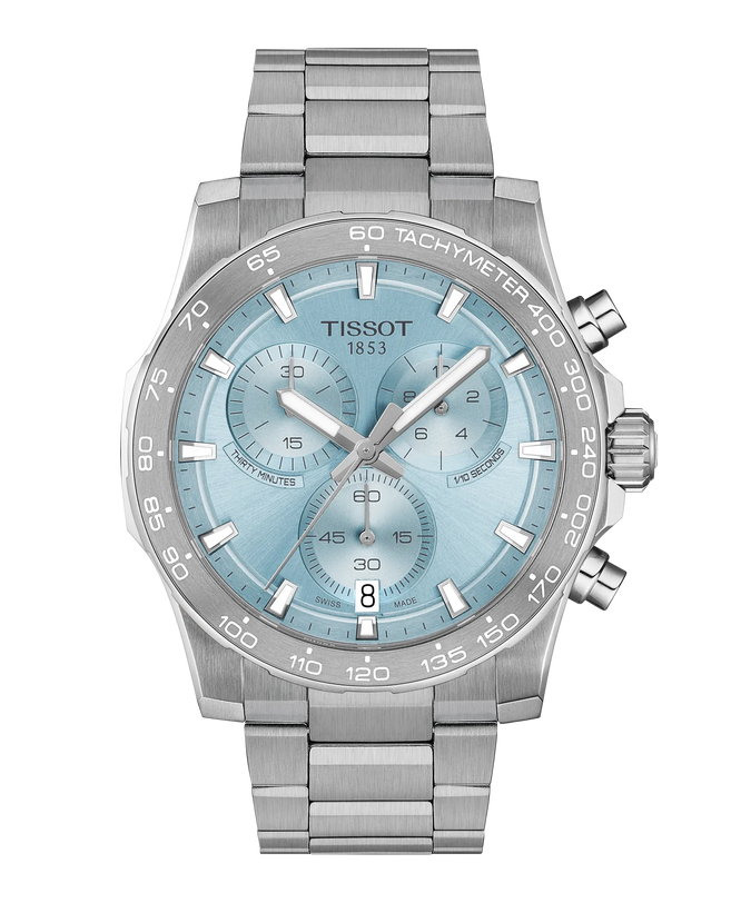 Stainless steel chronograph watch with ice blue dial, white hour markers, and tachymeter bezel.