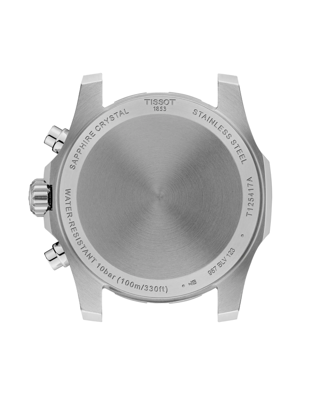 Stainless steel watch case back showing Tissot branding, sapphire crystal, water resistance rating, and chronograph pushers.