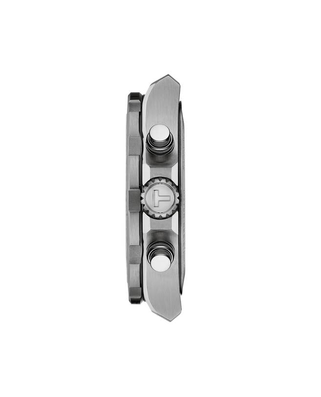 Stainless steel chronograph watch with 42mm case, ice blue dial, and three subdials shown in side profile view.
