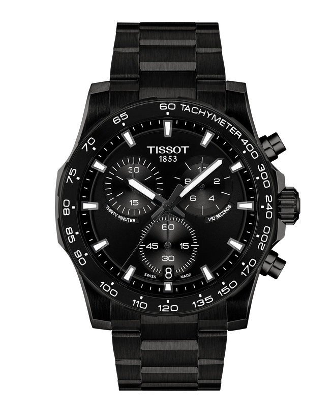 Black stainless steel chronograph watch with tachymeter bezel, black dial, white hour markers, and three subdials.