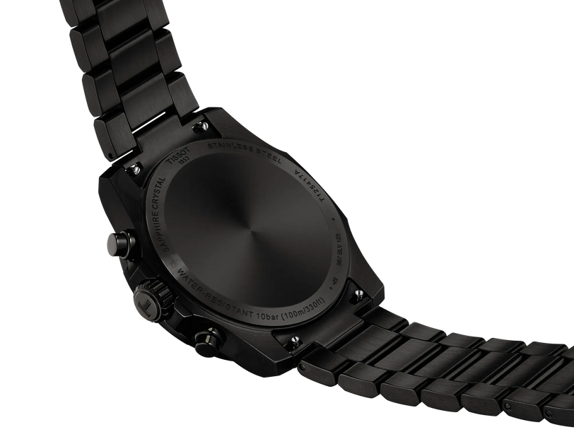 Black stainless steel chronograph watch with 42mm case and matching link bracelet, shown from back case view.