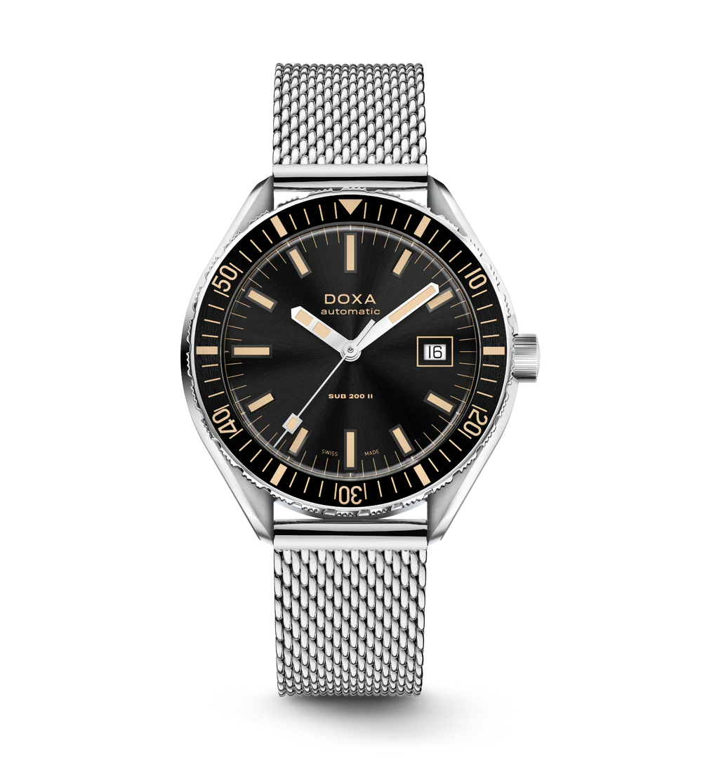 DOXA watch with black dial and silver mesh band on a white background