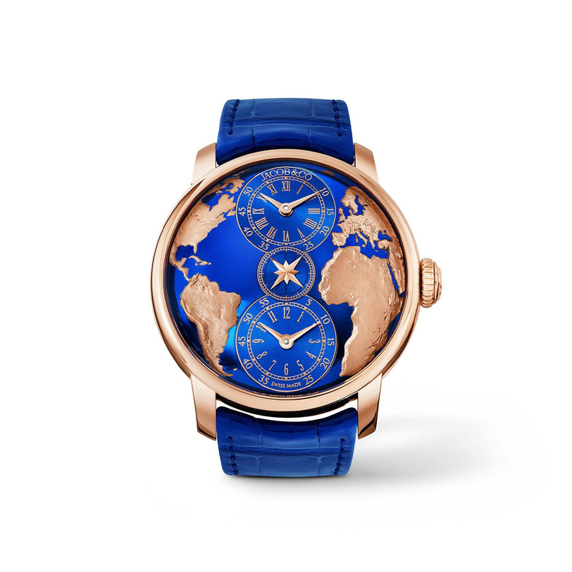 Luxury watch with a blue strap and world map dial on a white background