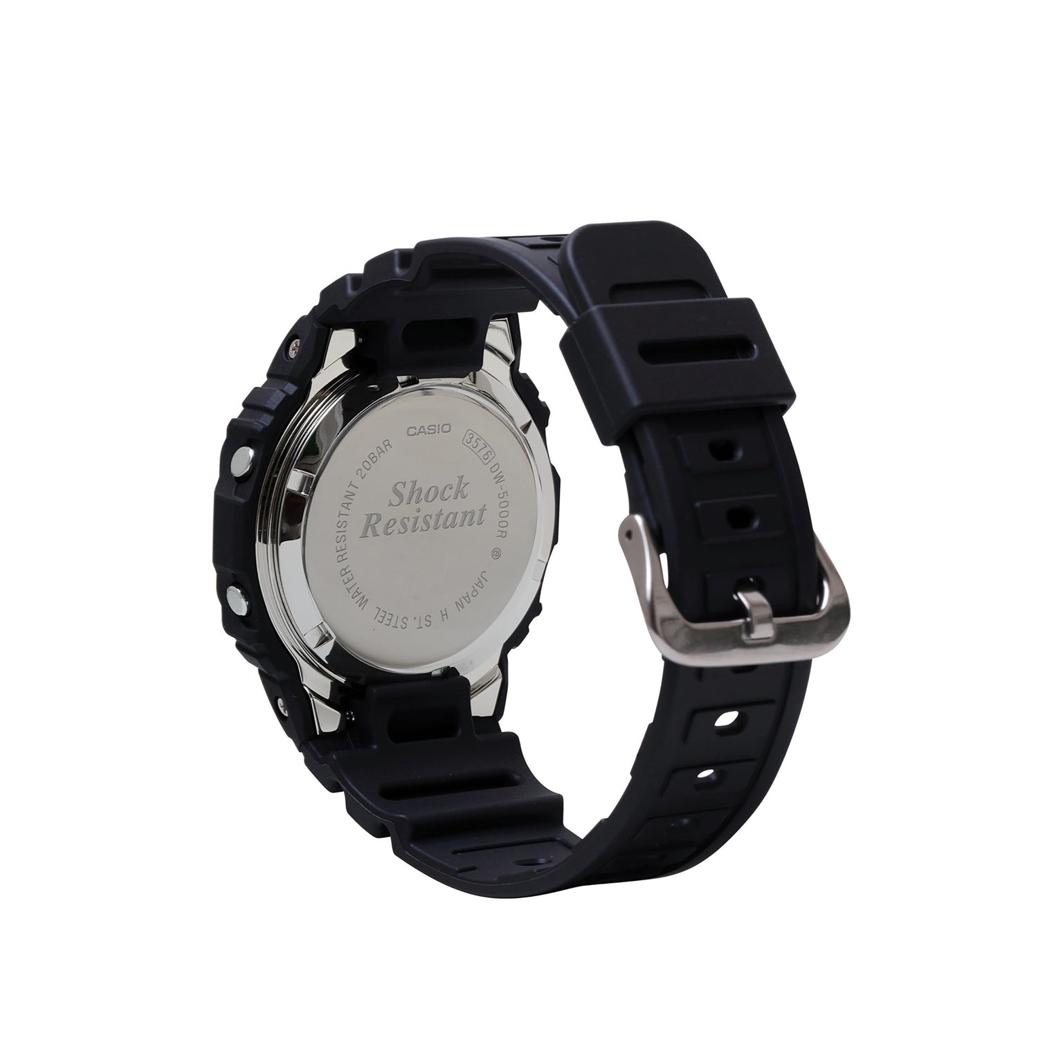 Digital watch with stainless steel case back, black resin band, and silver buckle displayed from rear angle.