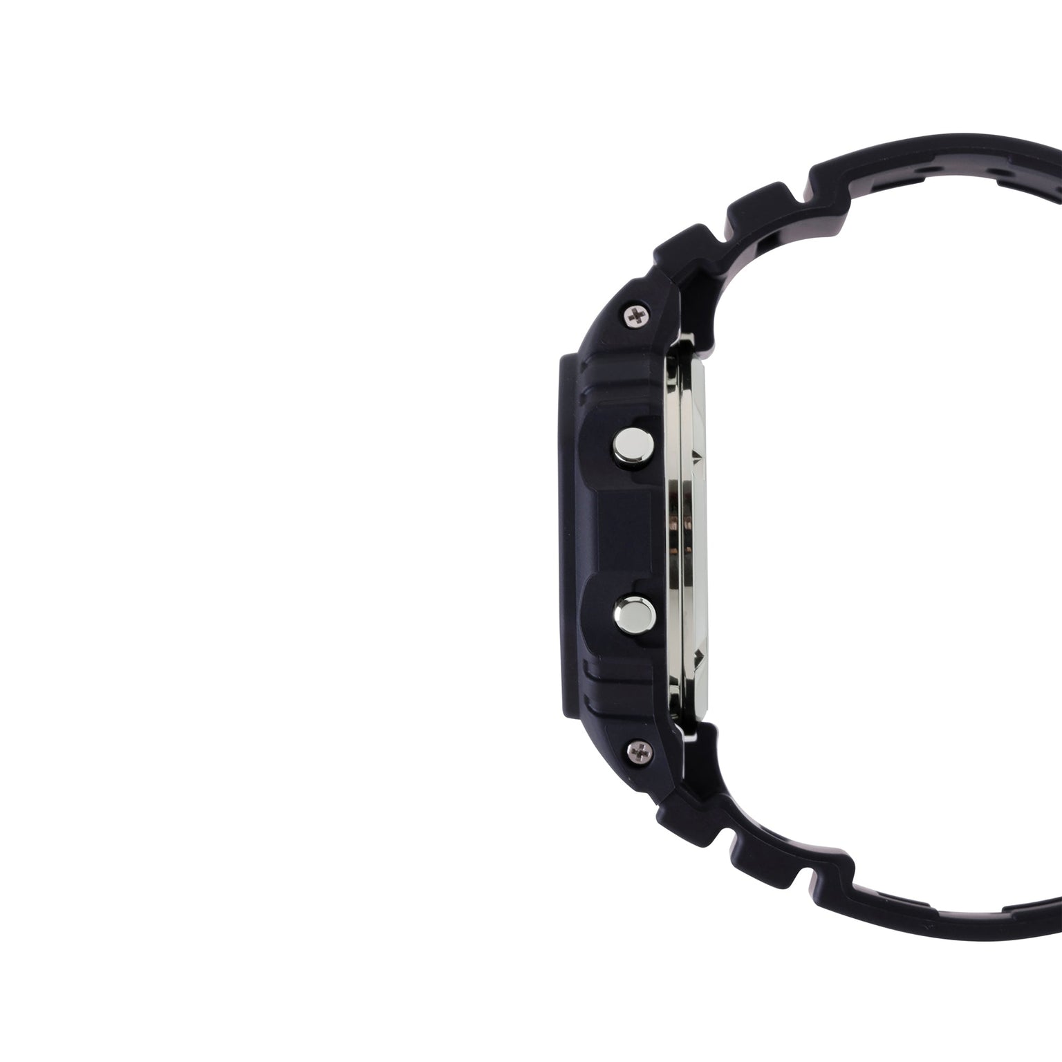 Digital watch with black resin band and stainless steel case, shown from the side view.