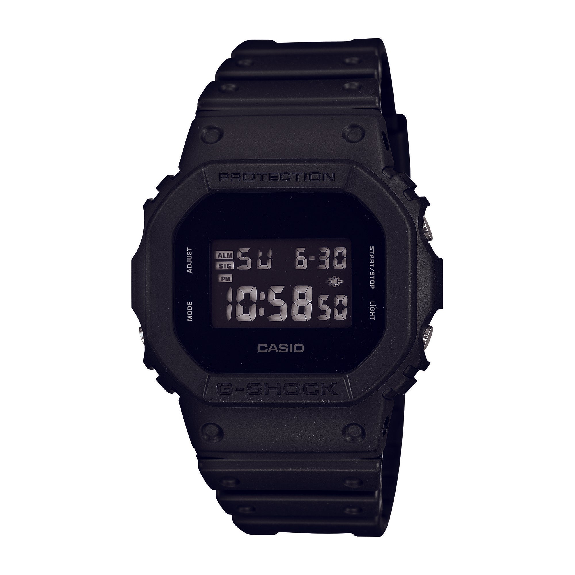 Black Casio G-Shock digital watch with square resin case and band, displaying time and date on LCD screen.