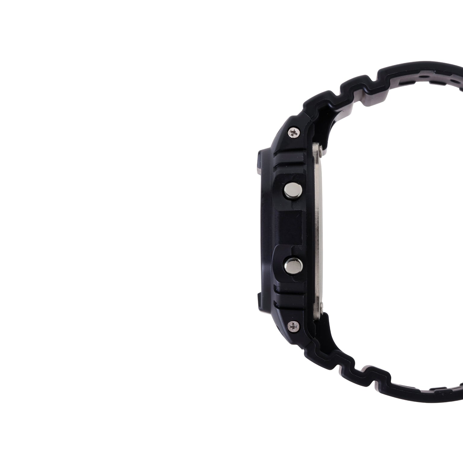 Black digital watch with textured resin case, square face, metal buttons, and matching black resin band shown from side view.