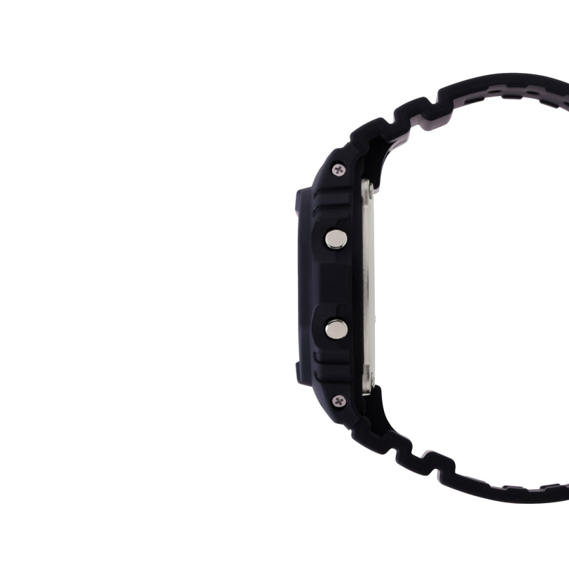 Black digital watch with resin band and metallic side buttons, shown from side profile.