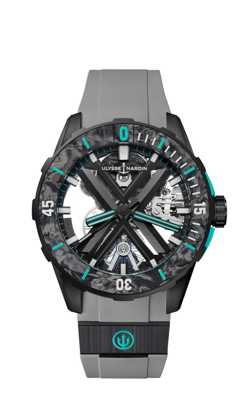 Ulysse Nardin Diver [X SKELETON ONE MORE WAVE]: gray and black sports watch with turquoise accents, visible gears, and Ulysse Nardin logo on the dial.
