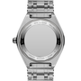 Stainless steel watch with linked bracelet, round case with engraved caseback, and crown at 3 o'clock position.