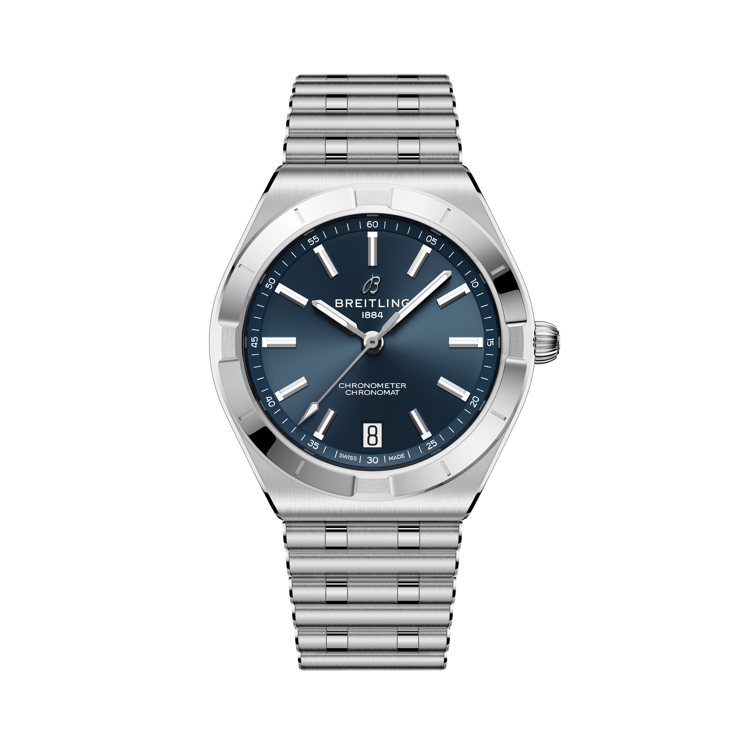 Stainless steel watch with dark blue dial, white hour markers, date window, and matching three-link bracelet.