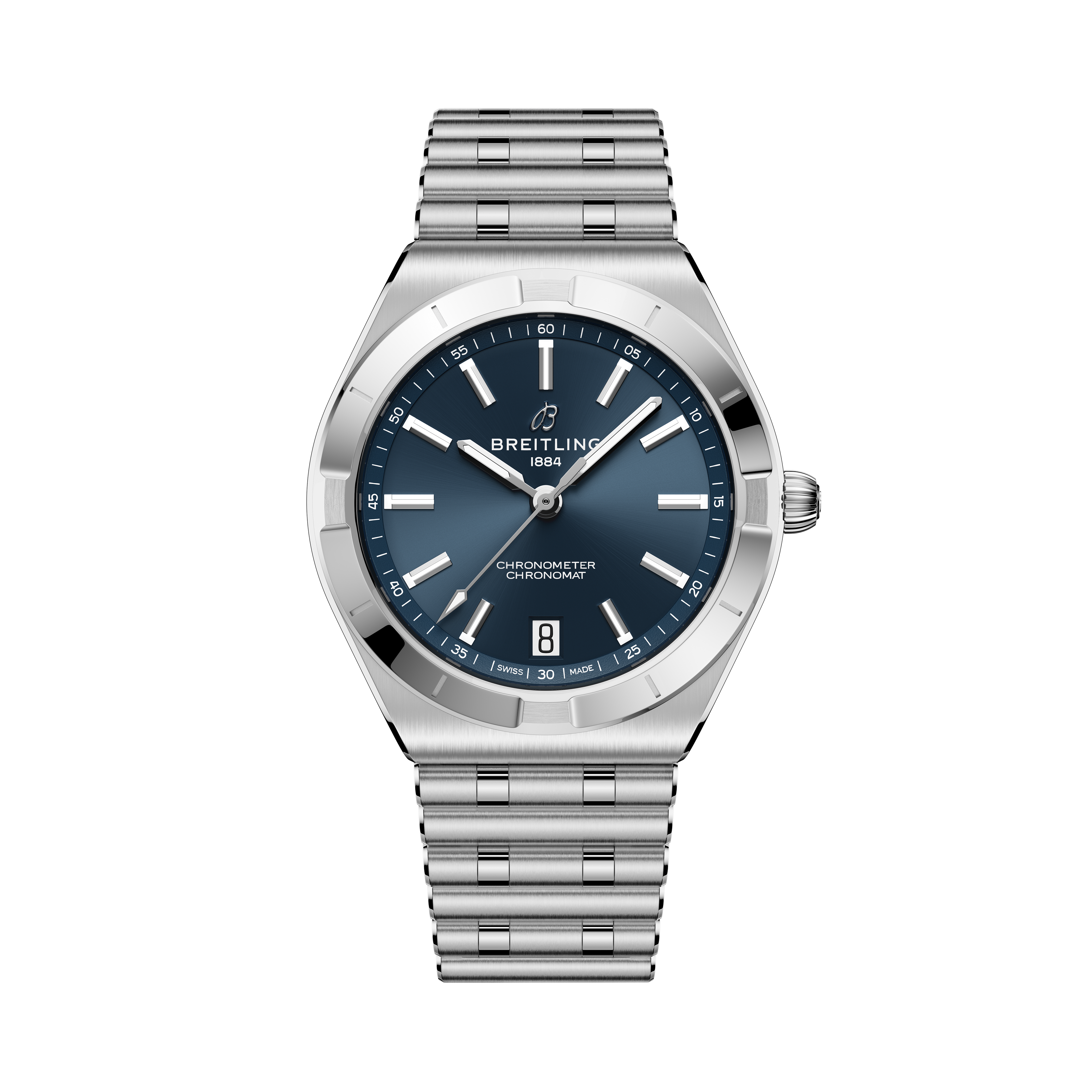 Stainless steel watch with dark blue dial, white hour markers, date window, and matching three-link bracelet.