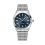 Stainless steel watch with dark blue dial, white hour markers, date window, and matching three-link bracelet.
