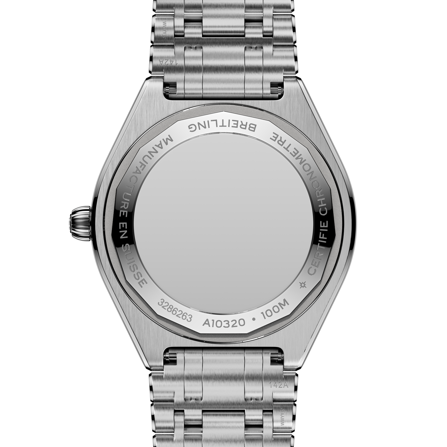 Stainless steel watch with three-link bracelet shown from back, displaying engraved caseback and crown.