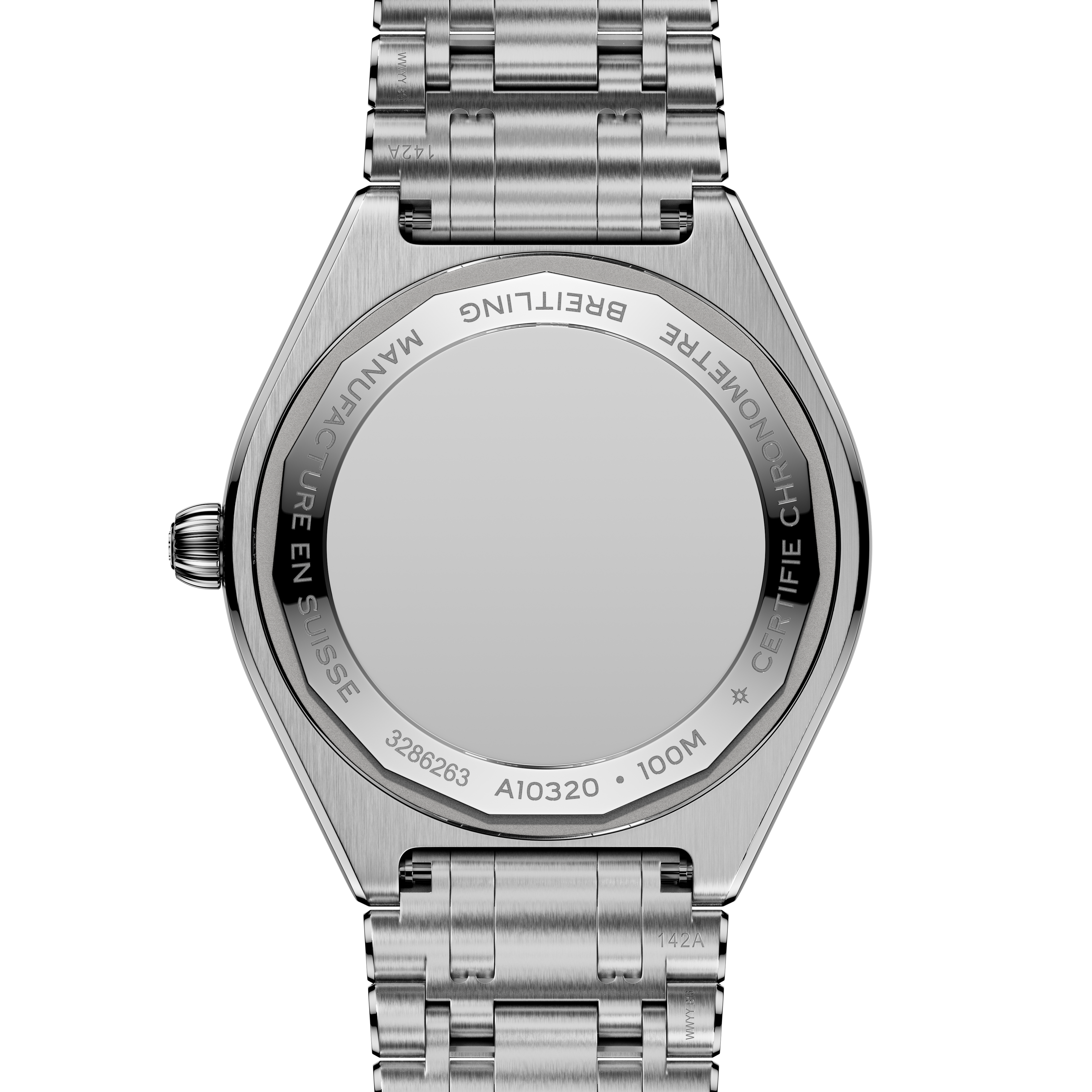 Stainless steel watch with three-link bracelet shown from back, displaying engraved caseback and crown.