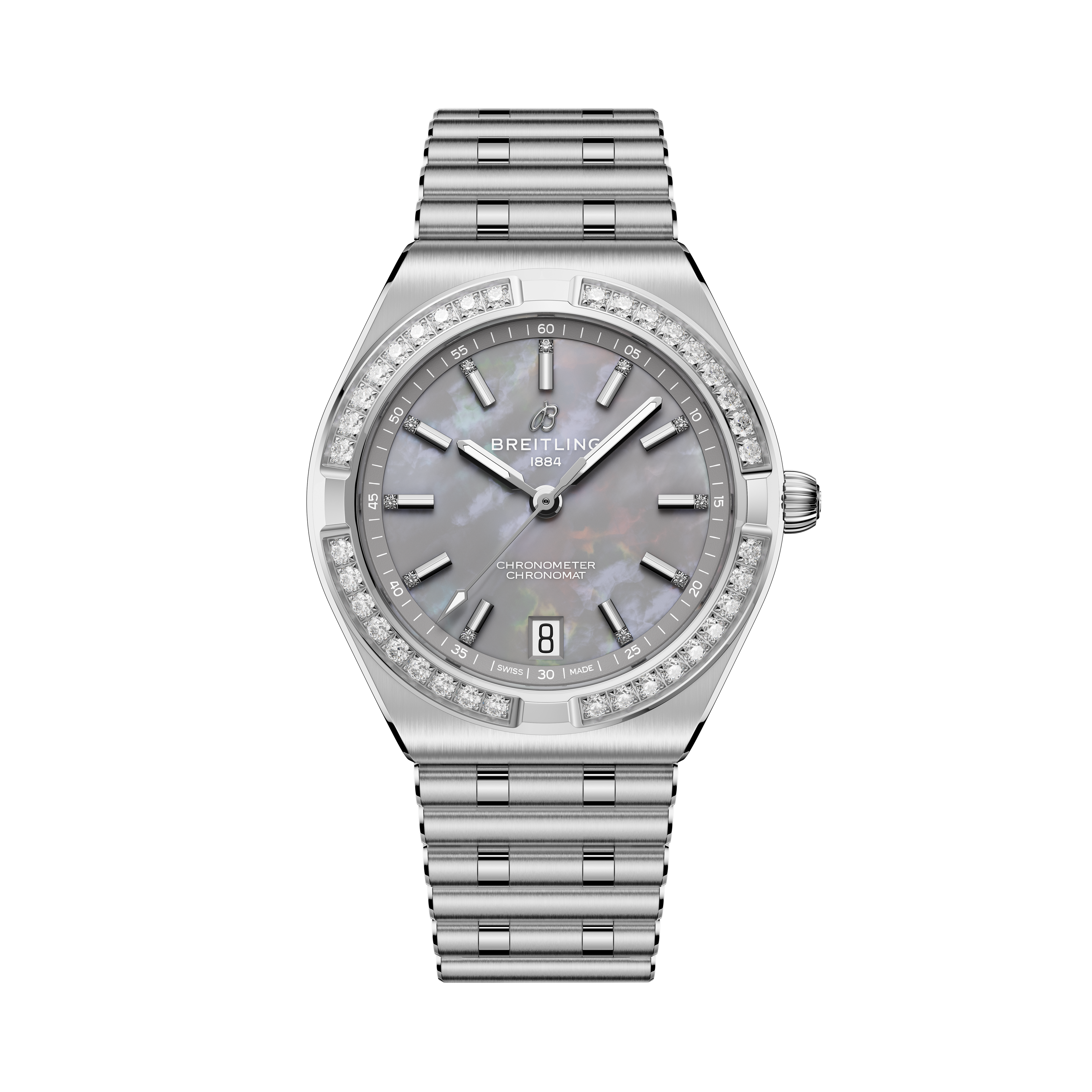 Breitling Chronomat Automatic 36 with gray dial, diamond bezel, and stainless steel bracelet.